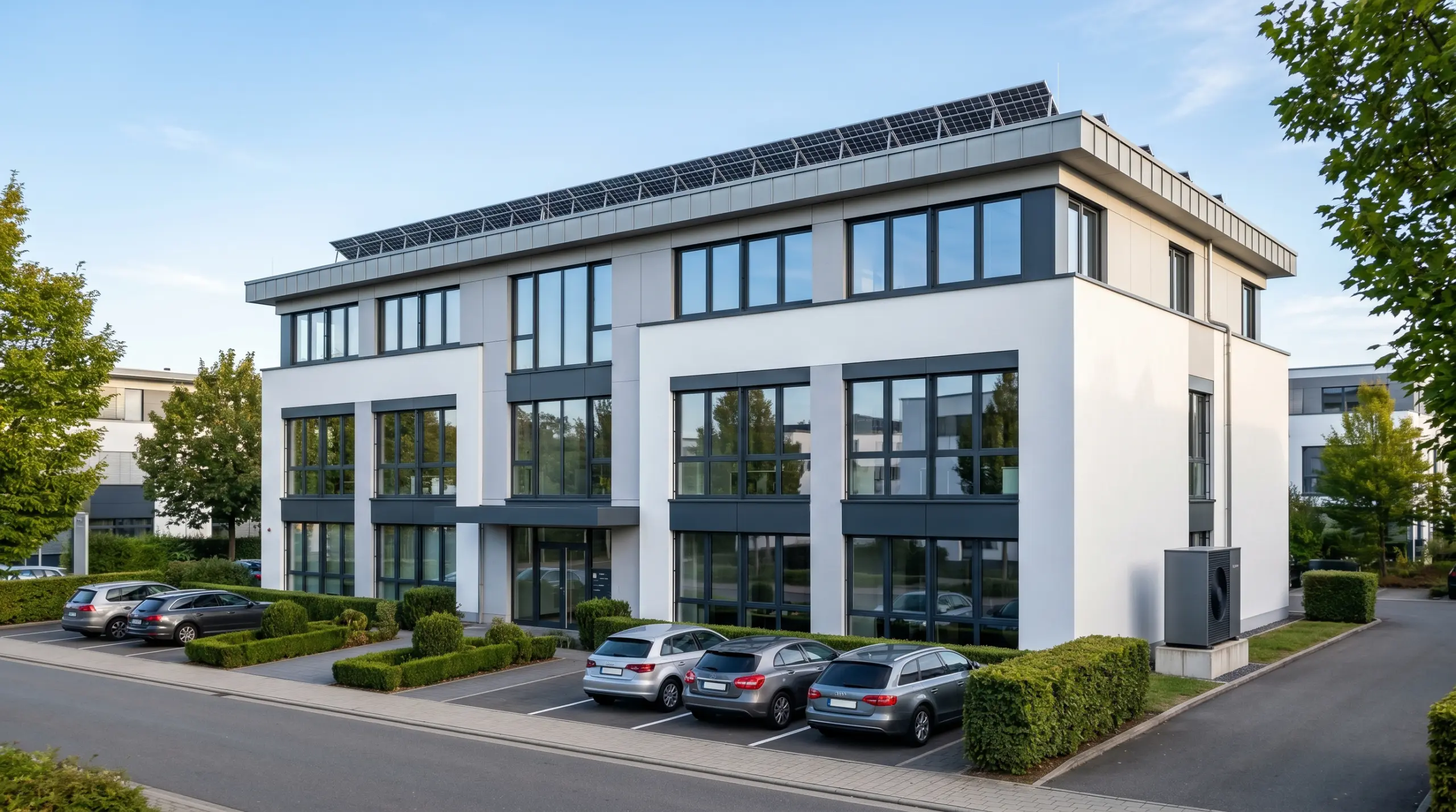 Modernes saniertes 3-stöckiges Bürogebäude mit PV-Anlage auf dem Dach, Wärmepumpe und großen Fenstern