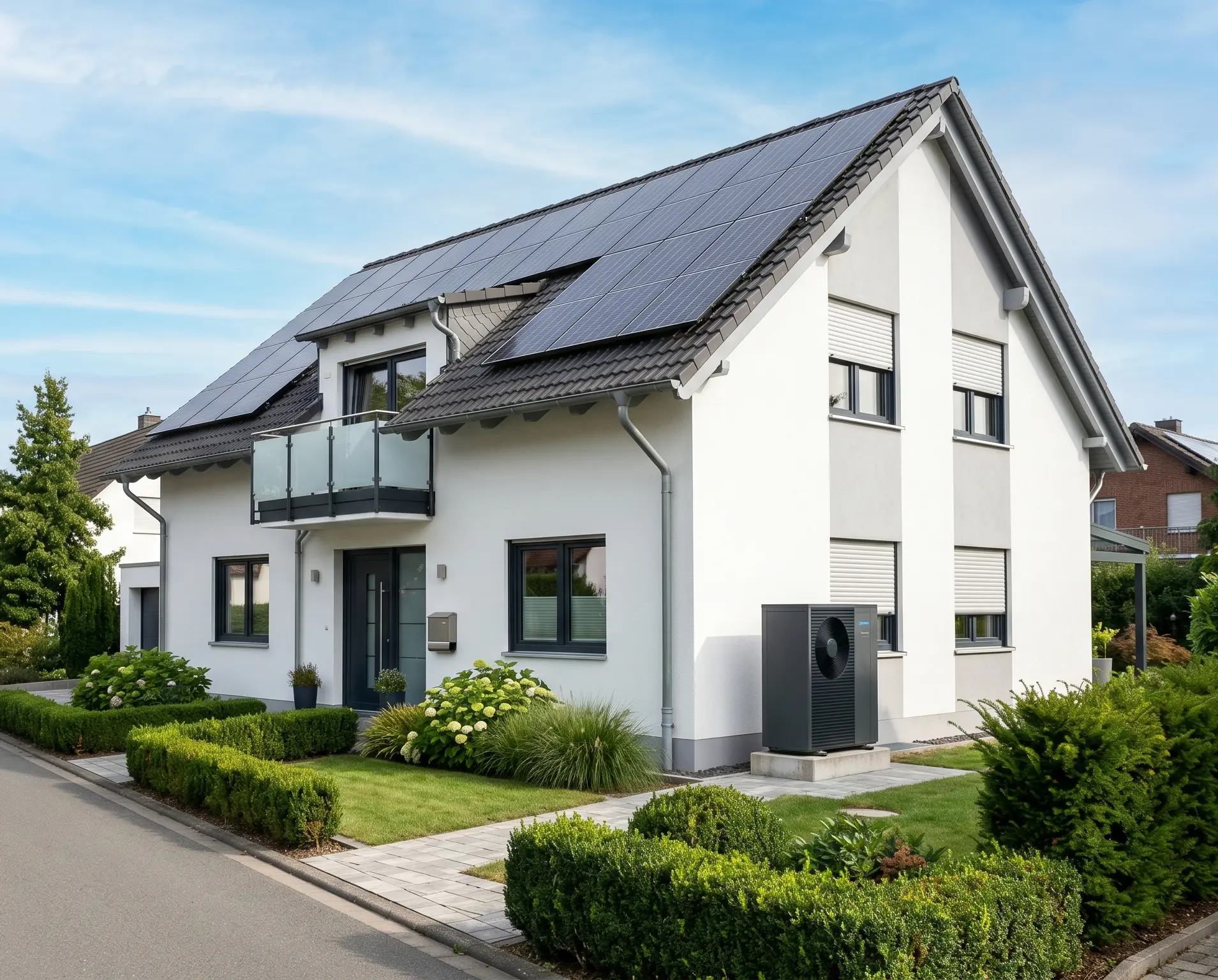Saniertes Einfamilienhaus mit PV-Anlage, Wärmepumpe und neuen Fenstern in einer ruhigen deutschen Wohnsiedlung