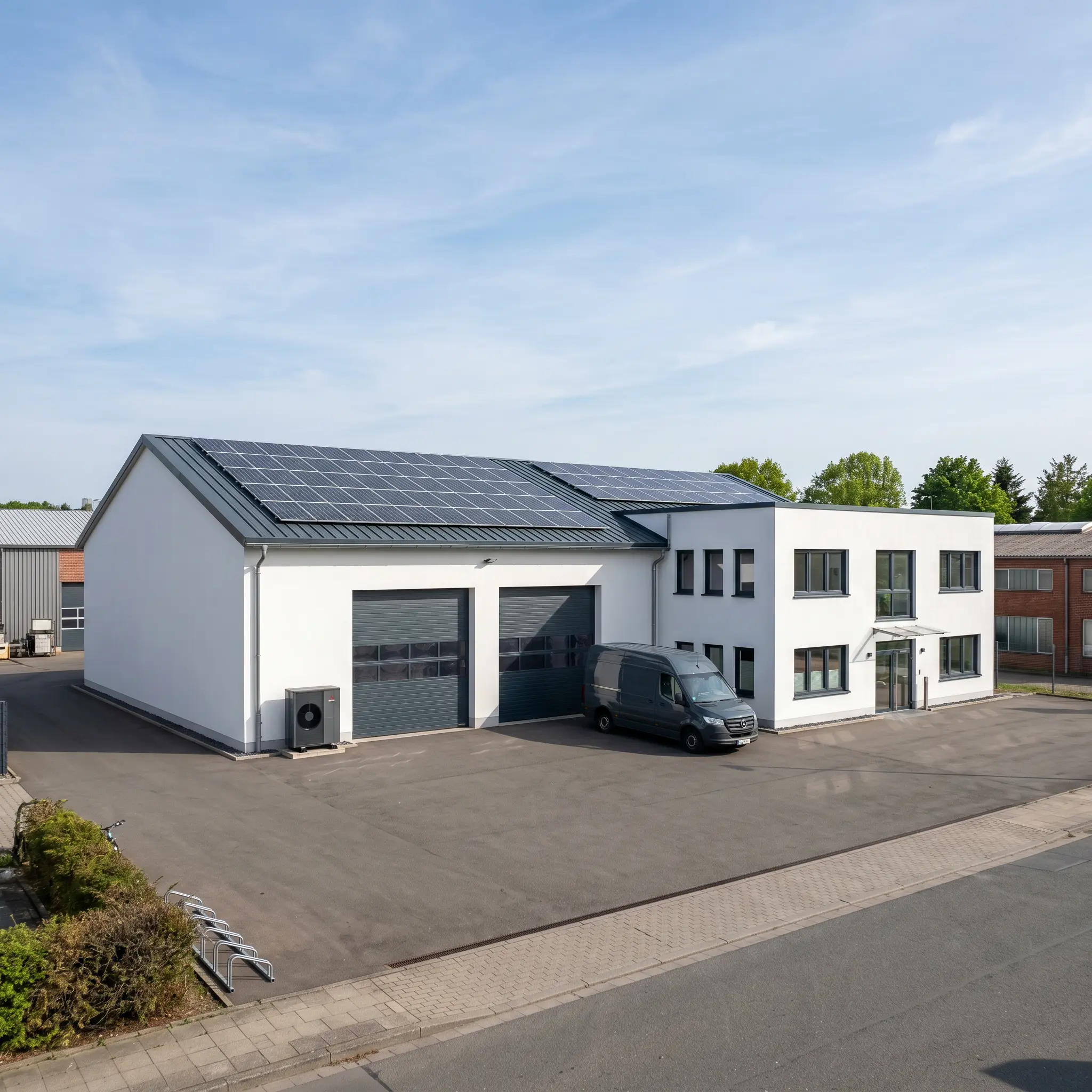 Saniertes Gewerbegebäude mit Werkstatthalle, Büroanbau, PV-Anlage und Wärmepumpe im Gewerbegebiet