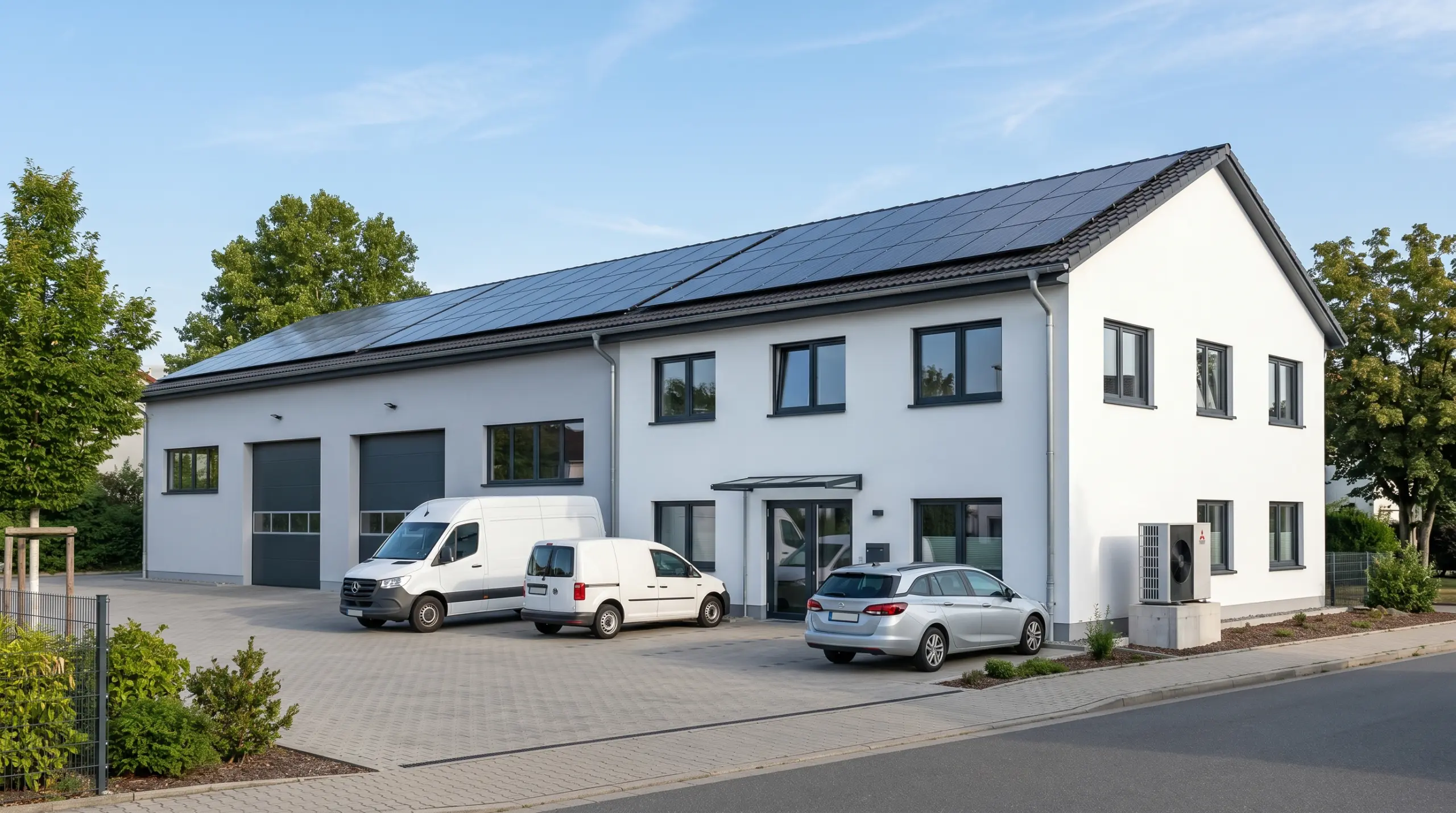 Saniertes Gewerbegebäude mit Werkstatthalle, Büroanbau, Wärmepumpe und PV-Anlage auf dem Dach